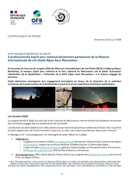 CP 5 professionnels Esprit parc national deviennent partenaires de la Réserve internationale de ciel étoilé Alpes Azur Mercantour 